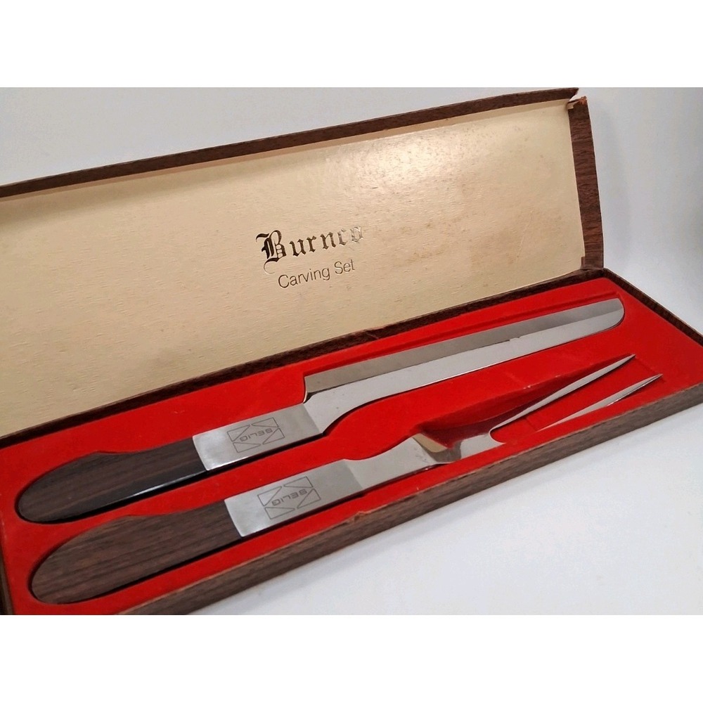 Vintage Burnco 2-piece Carving Set Stainless Steel Japan Teak Wood Box MCM